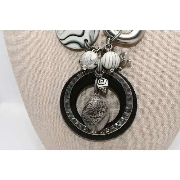 Chico's Statement Necklace Black White Lucite Wood Ring Silver Tone - Picture 3 of 11